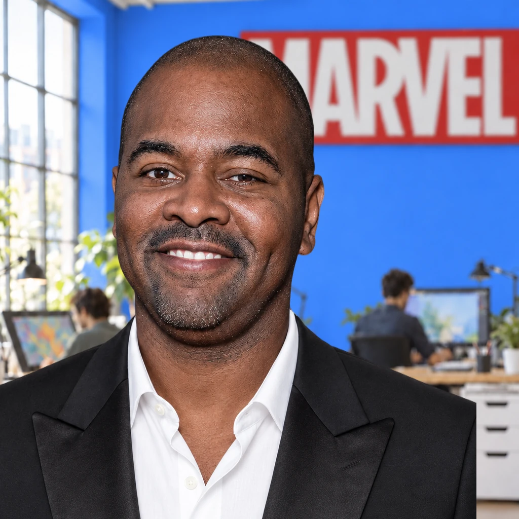 Adam Street in a tuxedo, smiling in front of a blurred comic art studio with a bright blue wall and a large Marvel sign