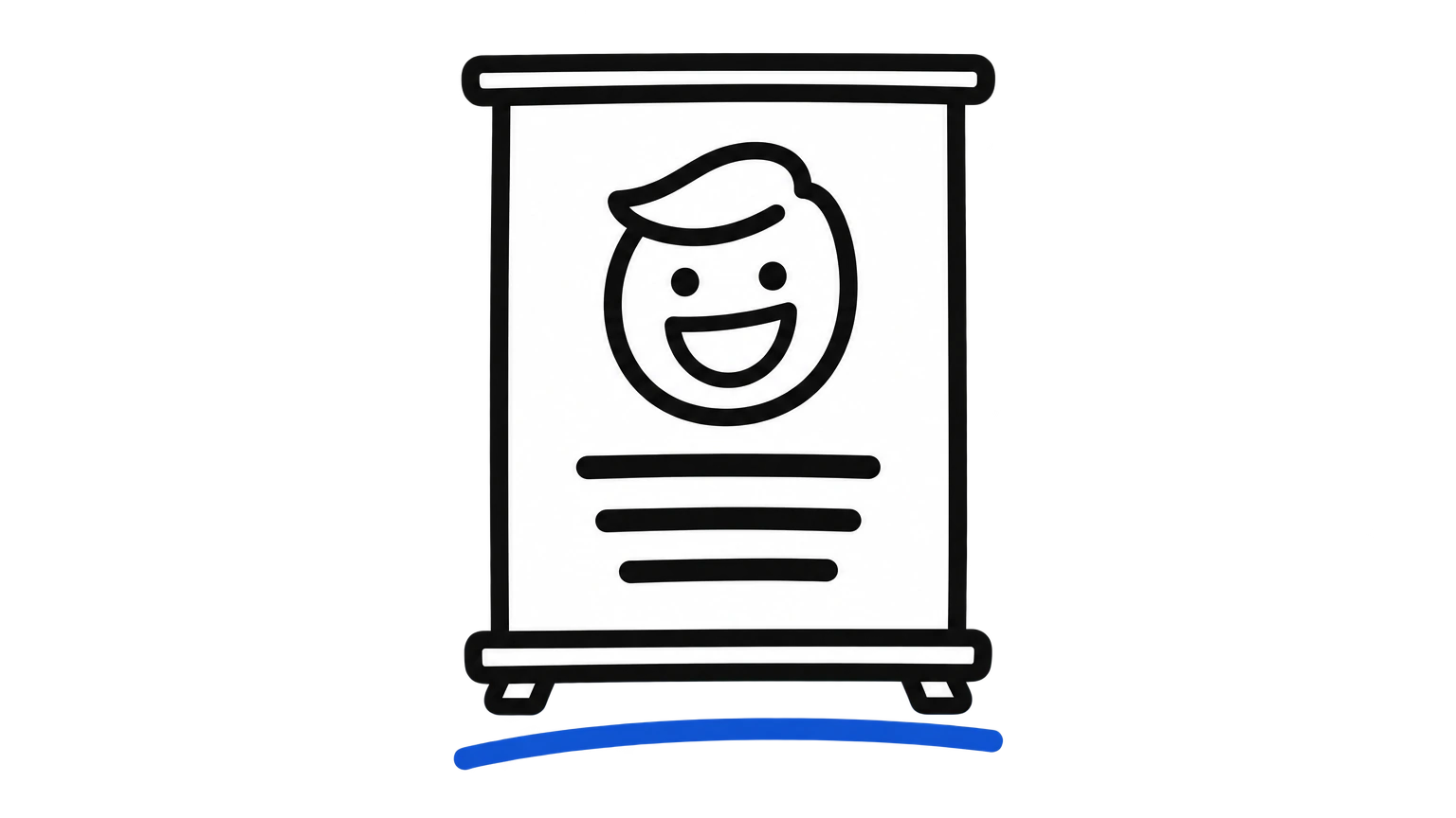 Flat black marker icon of a roll-up banner with a smiling cartoon face, blue underline