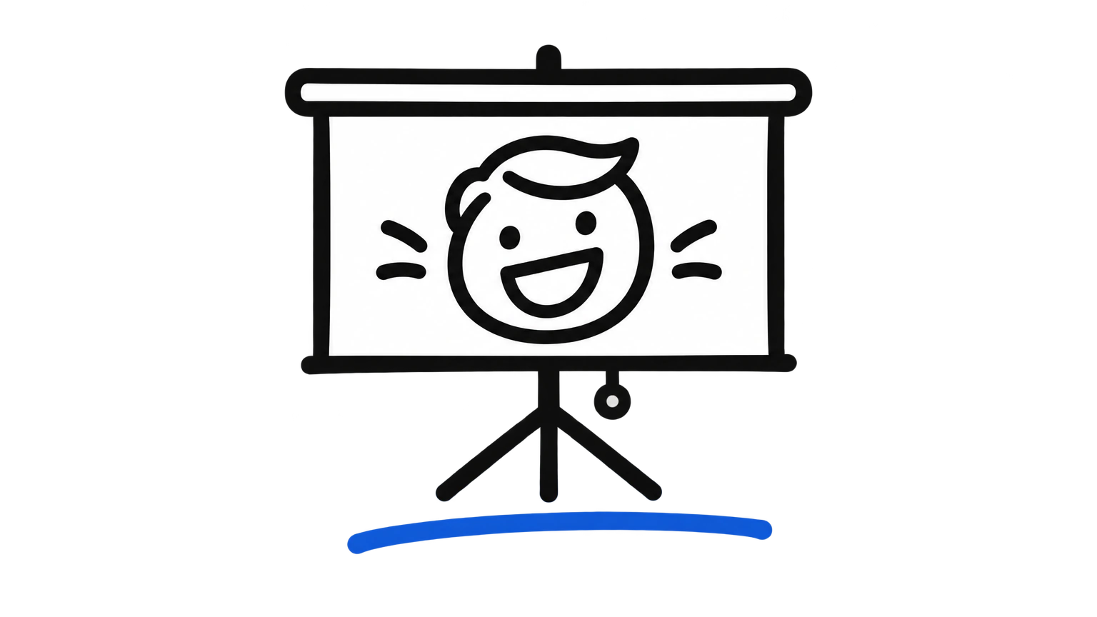 Flat black marker icon of a projector screen showing a laughing cartoon face, blue underline
