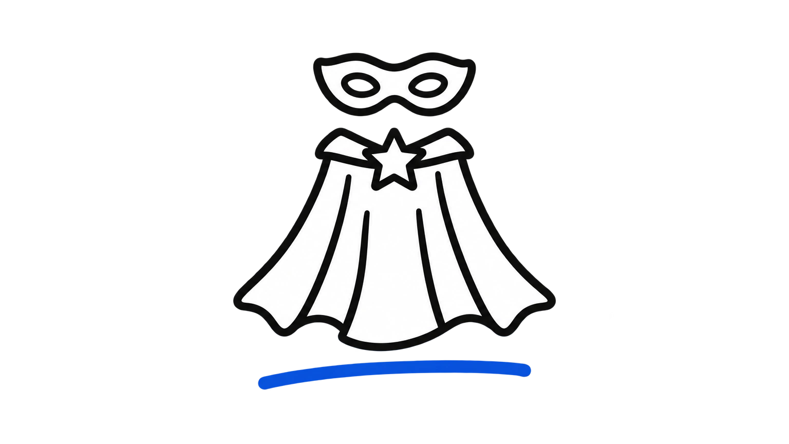 Flat black marker icon of a superhero cape with a star and an eye mask, blue underline